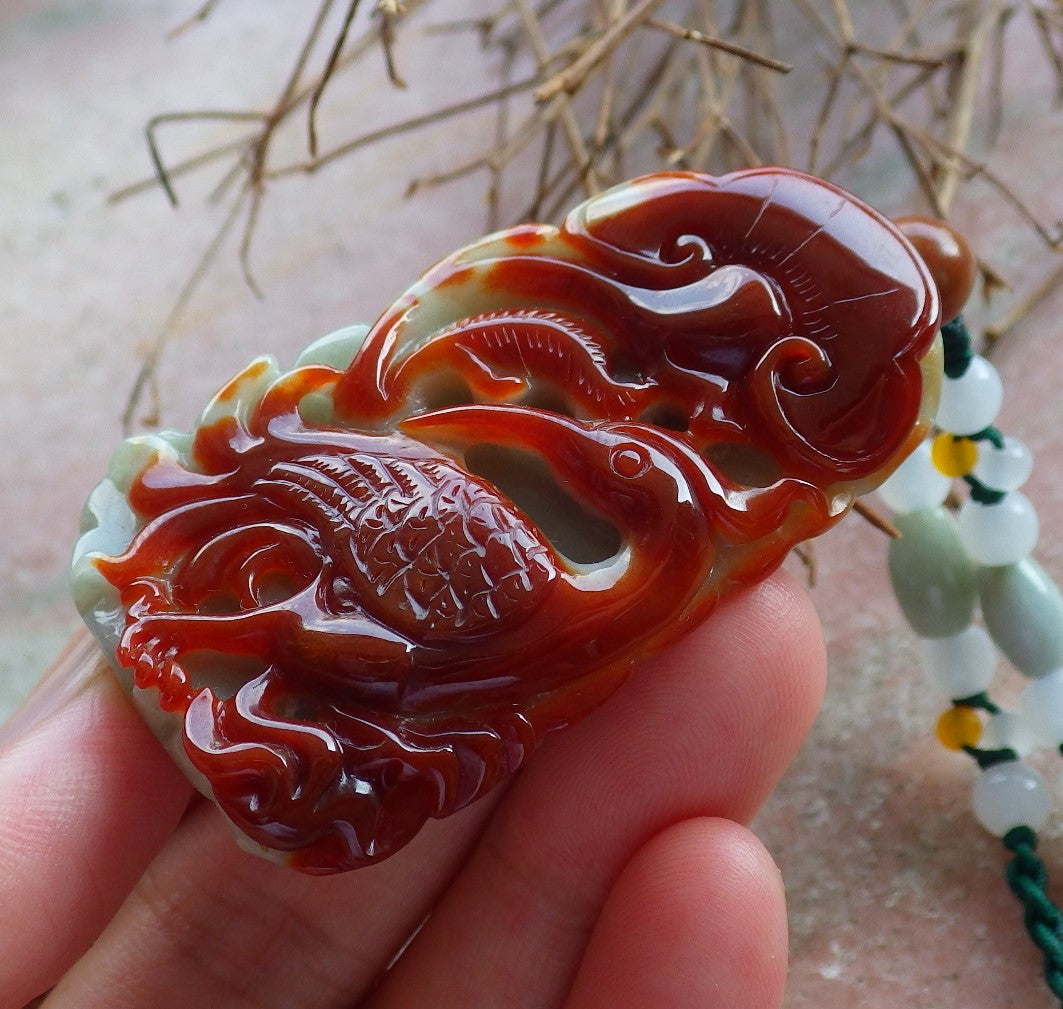 Certified Hand Carved Red Green Natural Myanmar Burma A Jade Jadeite Crowned Crane Bird Lotus Flower Ruyi Pendant Necklace