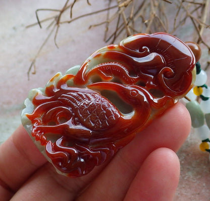 Certified Hand Carved Red Green Natural Myanmar Burma A Jade Jadeite Crowned Crane Bird Lotus Flower Ruyi Pendant Necklace