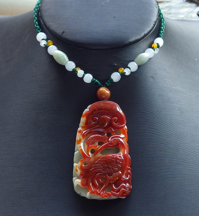 Certified Hand Carved Red Green Natural Myanmar Burma A Jade Jadeite Crowned Crane Bird Lotus Flower Ruyi Pendant Necklace