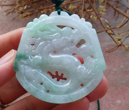 Certified Hand Carved Green Lavender Natural Myanmar Burma A Jade Jadeite Dragon Pendant Necklace