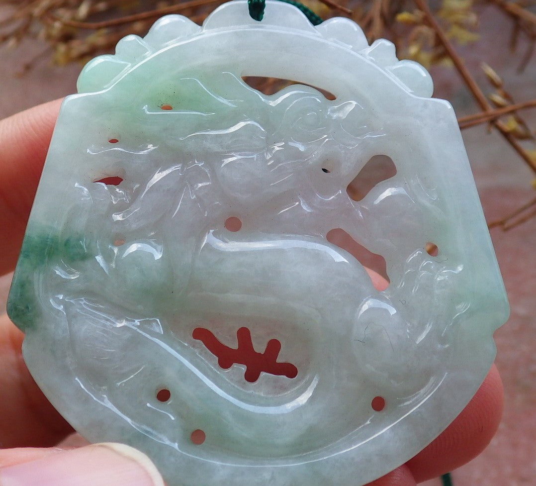 Certified Hand Carved Green Lavender Natural Myanmar Burma A Jade Jadeite Dragon Pendant Necklace