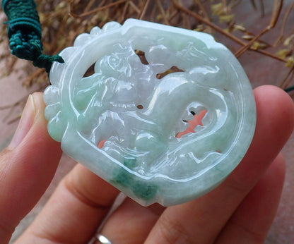 Certified Hand Carved Green Lavender Natural Myanmar Burma A Jade Jadeite Dragon Pendant Necklace