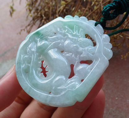 Certified Hand Carved Green Lavender Natural Myanmar Burma A Jade Jadeite Dragon Pendant Necklace