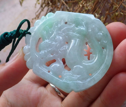 Certified Hand Carved Green Lavender Natural Myanmar Burma A Jade Jadeite Dragon Pendant Necklace