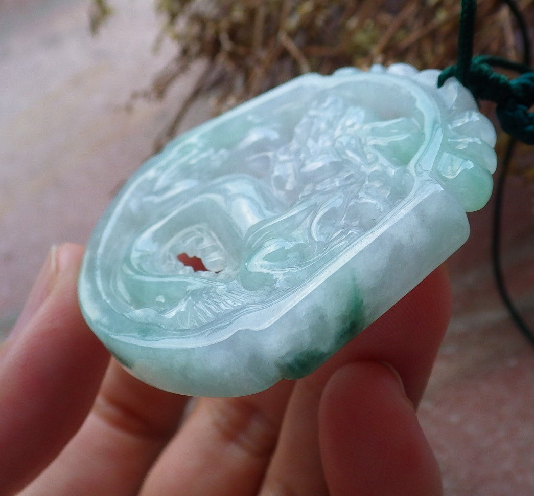 Certified Hand Carved Green Lavender Natural Myanmar Burma A Jade Jadeite Dragon Pendant Necklace