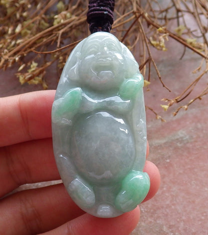 Certified Hand Carved Green Natural Myanmar Burma A Jade jadeite Happy Buddha God Pendant Necklace