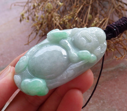 Certified Hand Carved Green Natural Myanmar Burma A Jade jadeite Happy Buddha God Pendant Necklace