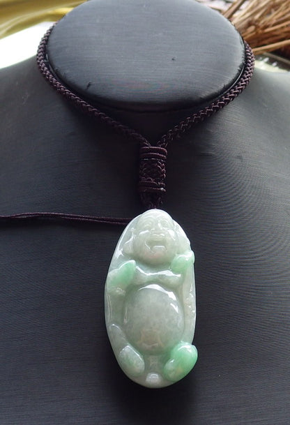 Certified Hand Carved Green Natural Myanmar Burma A Jade jadeite Happy Buddha God Pendant Necklace