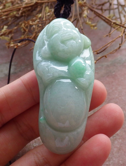 Certified Hand Carved Green Natural Myanmar Burma A Jade jadeite Happy Buddha God Pendant Necklace