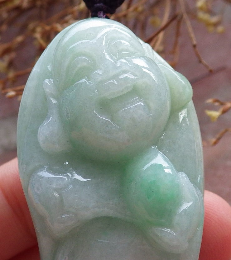 Certified Hand Carved Green Natural Myanmar Burma A Jade jadeite Happy Buddha God Pendant Necklace