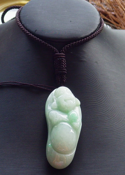 Certified Hand Carved Green Natural Myanmar Burma A Jade jadeite Happy Buddha God Pendant Necklace