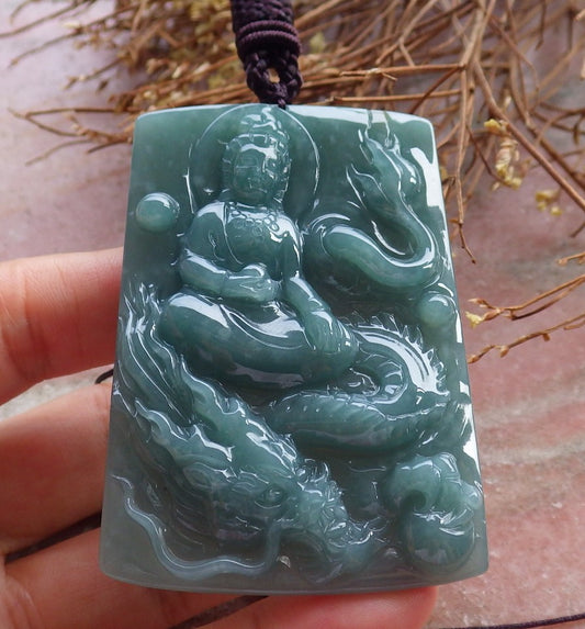 Certified Hand Carved Green 100% Natural Myanmar Burma A Jade Jadeite Guanyin Kwan yin Dragon Pendant Necklace