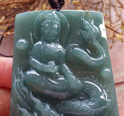 Certified Hand Carved Green 100% Natural Myanmar Burma A Jade Jadeite Guanyin Kwan yin Dragon Pendant Necklace