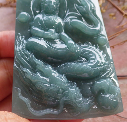 Certified Hand Carved Green 100% Natural Myanmar Burma A Jade Jadeite Guanyin Kwan yin Dragon Pendant Necklace