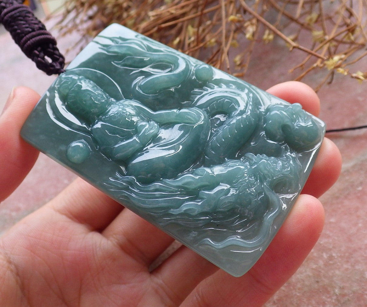 Certified Hand Carved Green 100% Natural Myanmar Burma A Jade Jadeite Guanyin Kwan yin Dragon Pendant Necklace