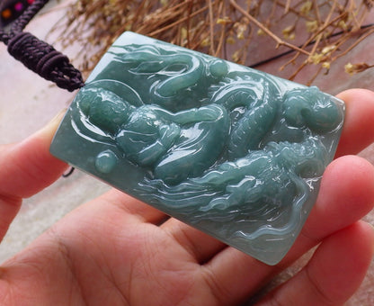 Certified Hand Carved Green 100% Natural Myanmar Burma A Jade Jadeite Guanyin Kwan yin Dragon Pendant Necklace