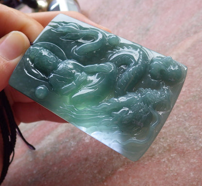 Certified Hand Carved Green 100% Natural Myanmar Burma A Jade Jadeite Guanyin Kwan yin Dragon Pendant Necklace