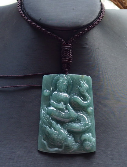 Certified Hand Carved Green 100% Natural Myanmar Burma A Jade Jadeite Guanyin Kwan yin Dragon Pendant Necklace