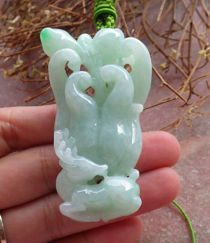 Certified Hand Carved Green Natural Myanmar Burma Grade A Jade jadeite Deer Ginseng Peach Pendant Necklace