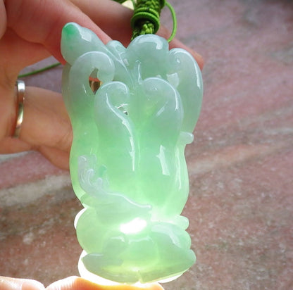 Certified Hand Carved Green Natural Myanmar Burma Grade A Jade jadeite Deer Ginseng Peach Pendant Necklace