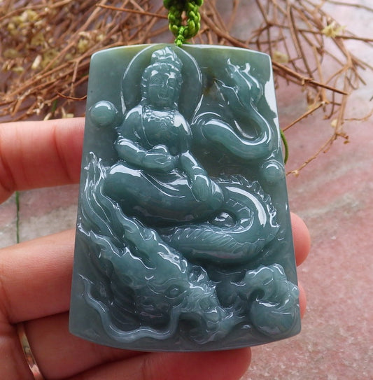 Certified Hand Carved Green 100% Natural Myanmar Burma A Jade Jadeite Guanyin Kwan yin Dragon Pendant Necklace