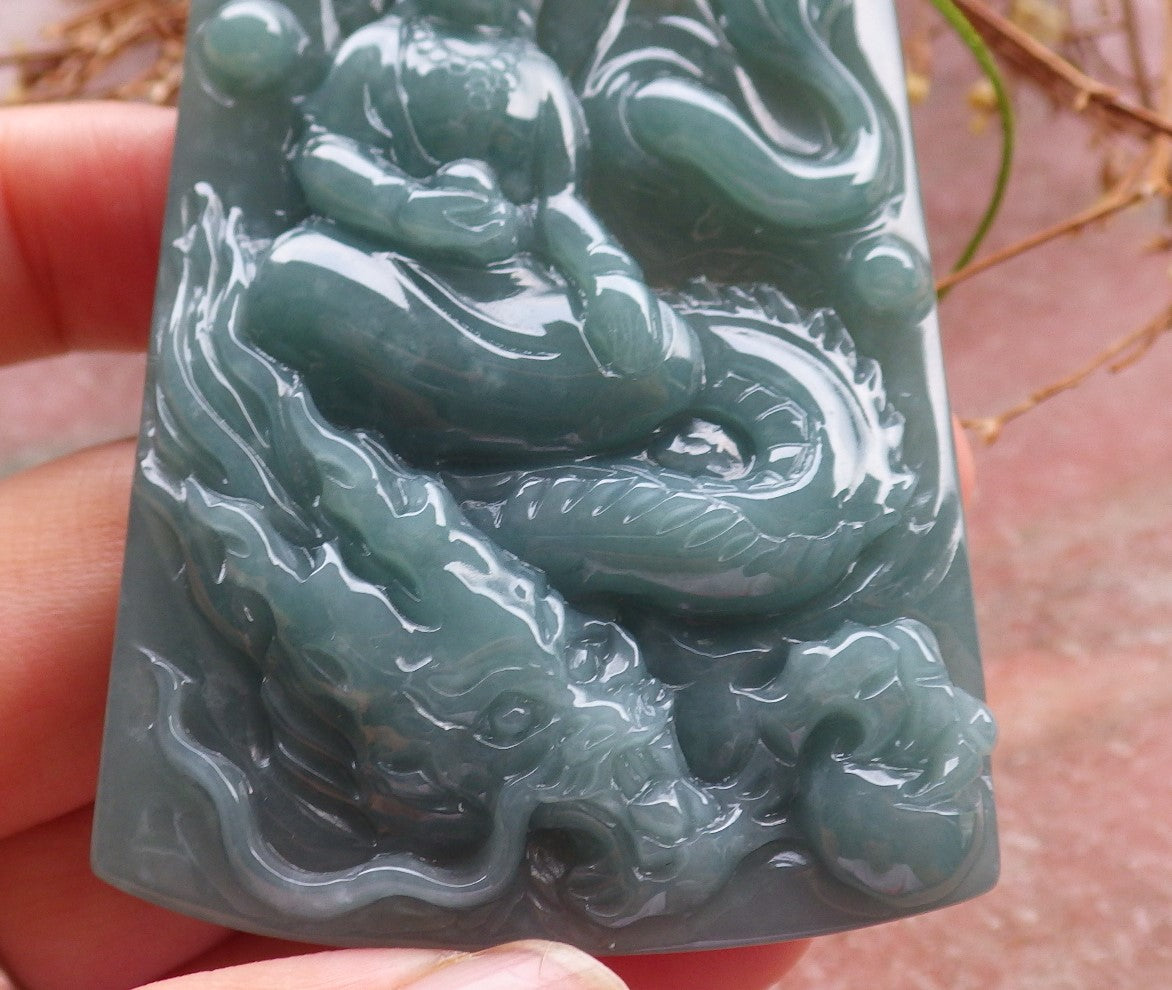 Certified Hand Carved Green 100% Natural Myanmar Burma A Jade Jadeite Guanyin Kwan yin Dragon Pendant Necklace