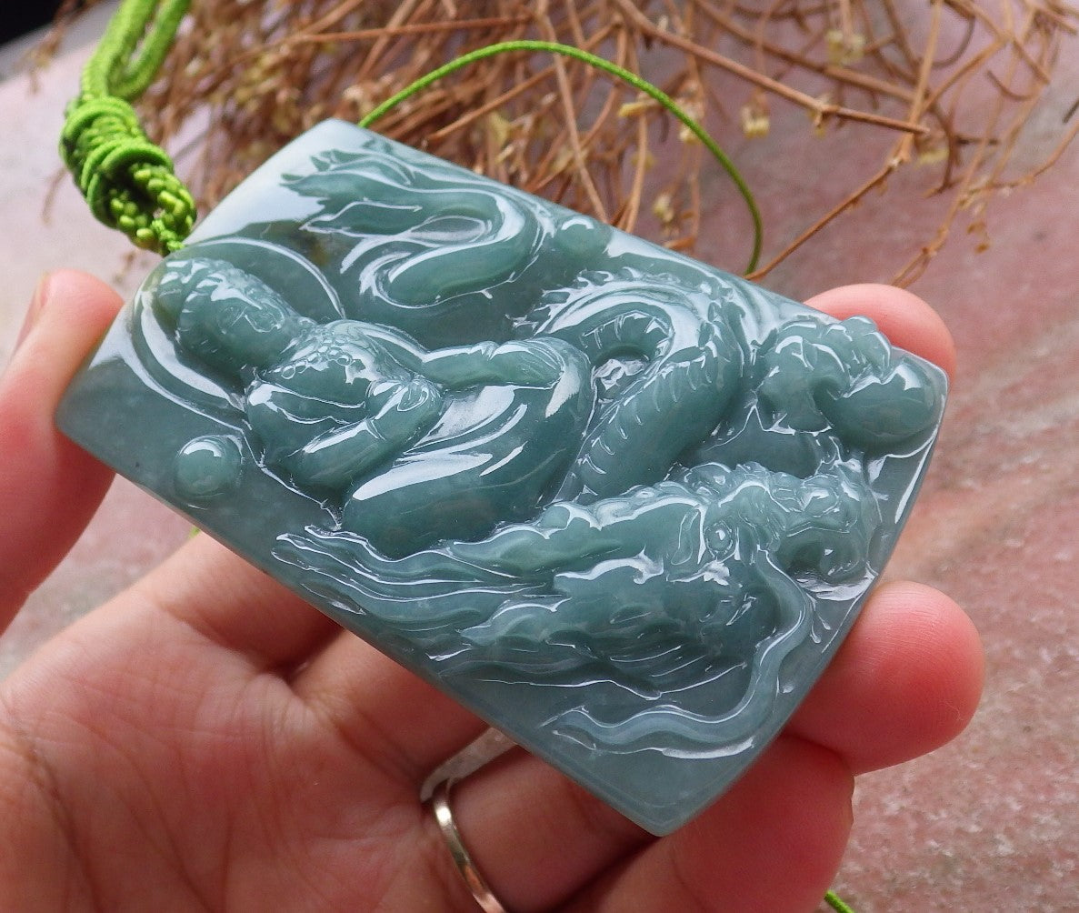 Certified Hand Carved Green 100% Natural Myanmar Burma A Jade Jadeite Guanyin Kwan yin Dragon Pendant Necklace