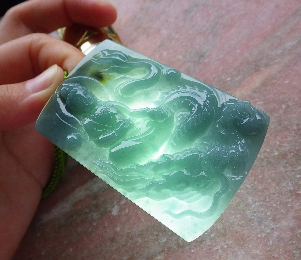 Certified Hand Carved Green 100% Natural Myanmar Burma A Jade Jadeite Guanyin Kwan yin Dragon Pendant Necklace