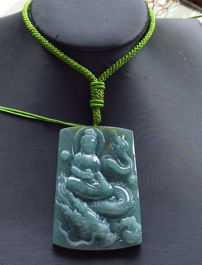 Certified Hand Carved Green 100% Natural Myanmar Burma A Jade Jadeite Guanyin Kwan yin Dragon Pendant Necklace