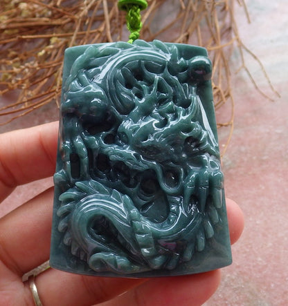 Certified Hand Carved Green Natural Myanmar Burma A Jade Jadeite Dragon Pendant Necklace