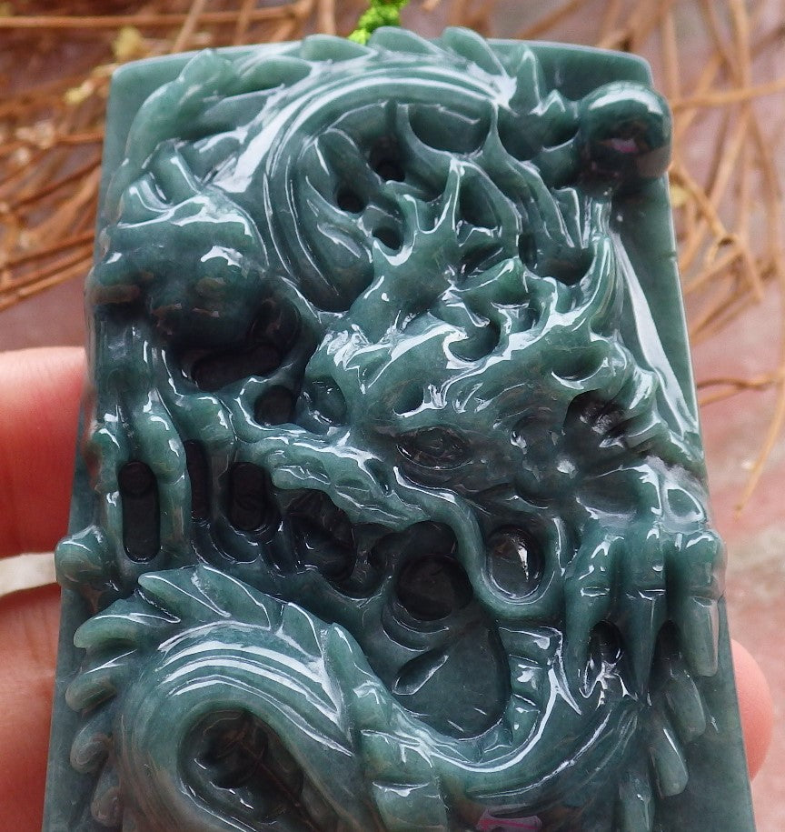 Certified Hand Carved Green Natural Myanmar Burma A Jade Jadeite Dragon Pendant Necklace