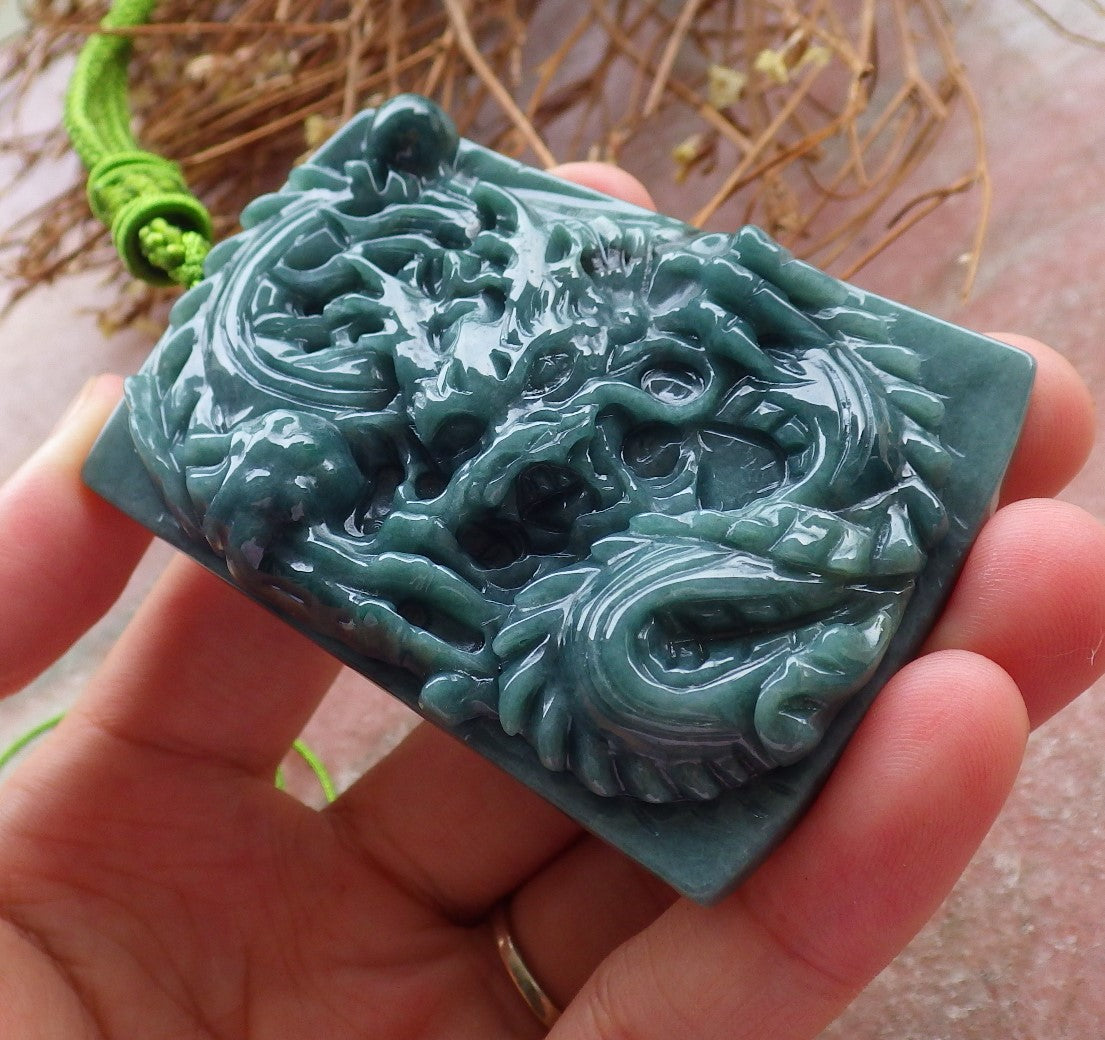 Certified Hand Carved Green Natural Myanmar Burma A Jade Jadeite Dragon Pendant Necklace