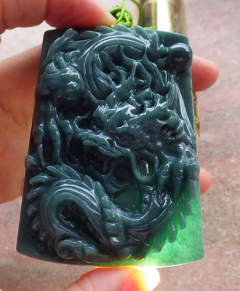 Certified Hand Carved Green Natural Myanmar Burma A Jade Jadeite Dragon Pendant Necklace