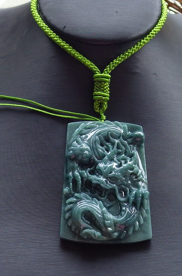 Certified Hand Carved Green Natural Myanmar Burma A Jade Jadeite Dragon Pendant Necklace