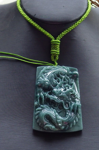 Certified Hand Carved Green Natural Myanmar Burma A Jade Jadeite Dragon Pendant Necklace