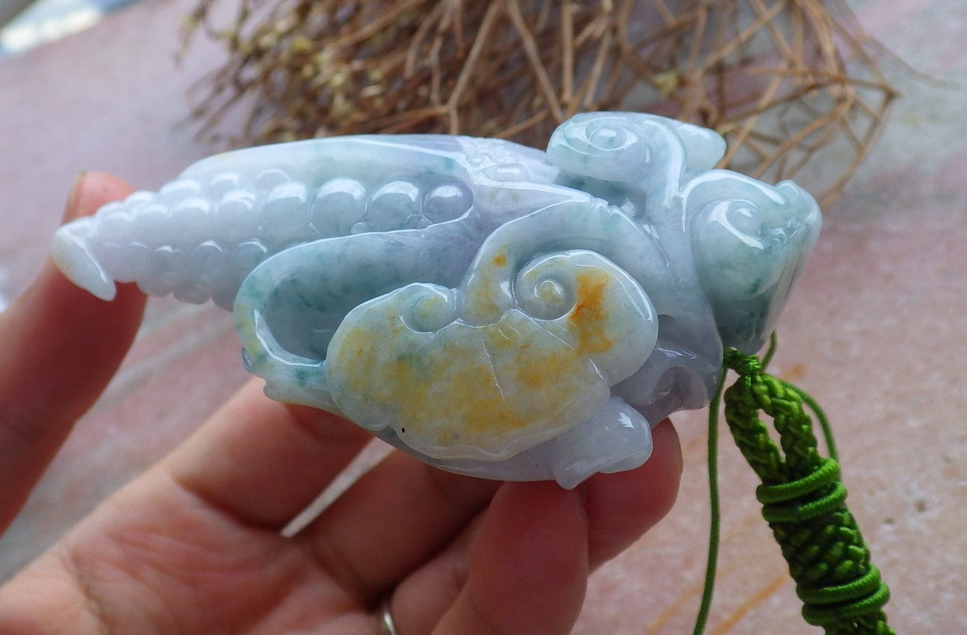 Certified Hand Carved Lavender Green Yellow 3 color Natural Myanmar Burma A Jade jadeite Lotus Flower Ruyi Maize Pendant Necklace