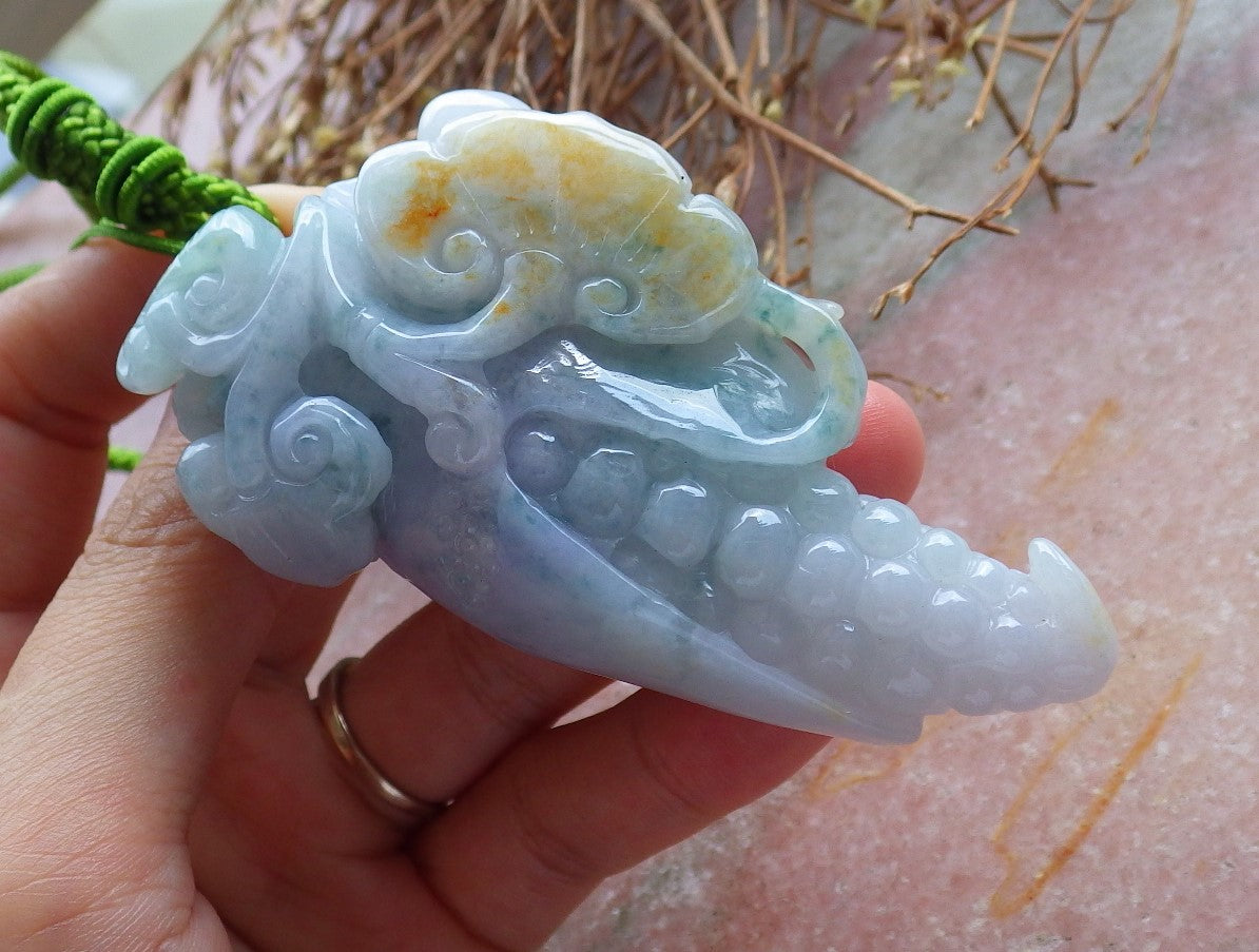 Certified Hand Carved Lavender Green Yellow 3 color Natural Myanmar Burma A Jade jadeite Lotus Flower Ruyi Maize Pendant Necklace