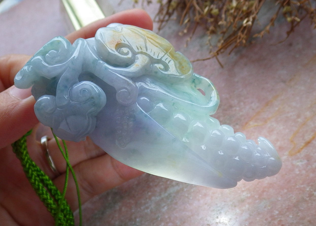 Certified Hand Carved Lavender Green Yellow 3 color Natural Myanmar Burma A Jade jadeite Lotus Flower Ruyi Maize Pendant Necklace