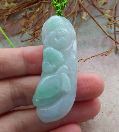 Certified Hand Carved Green Natural Burma A Jade jadeite Happy Buddha God Pendant Necklace