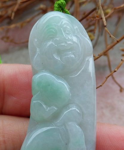 Certified Hand Carved Green Natural Burma A Jade jadeite Happy Buddha God Pendant Necklace