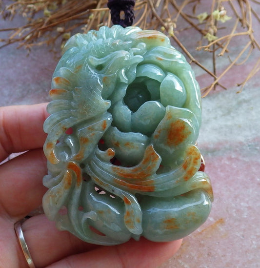 Certified Hand Carved Green Natural Burma A Jade jadeite Phoenix Flower Pendant Necklace