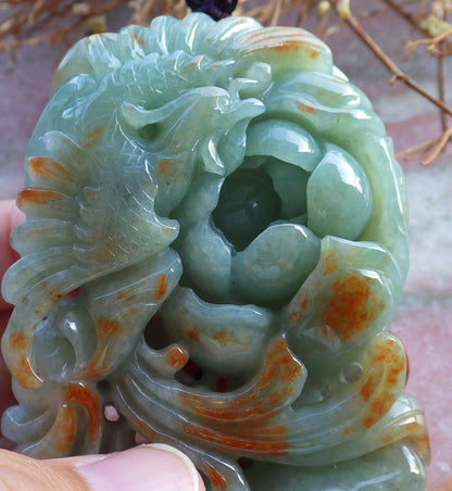 Certified Hand Carved Green Natural Burma A Jade jadeite Phoenix Flower Pendant Necklace