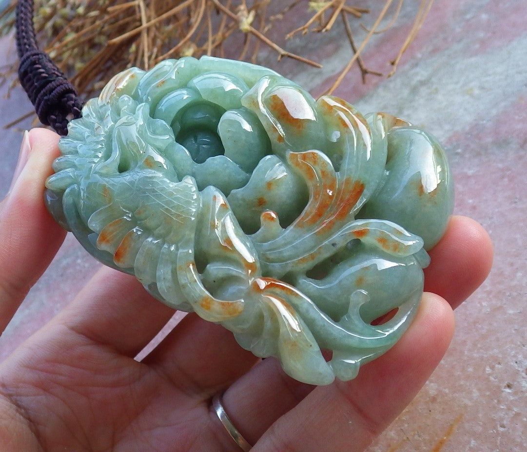 Certified Hand Carved Green Natural Burma A Jade jadeite Phoenix Flower Pendant Necklace