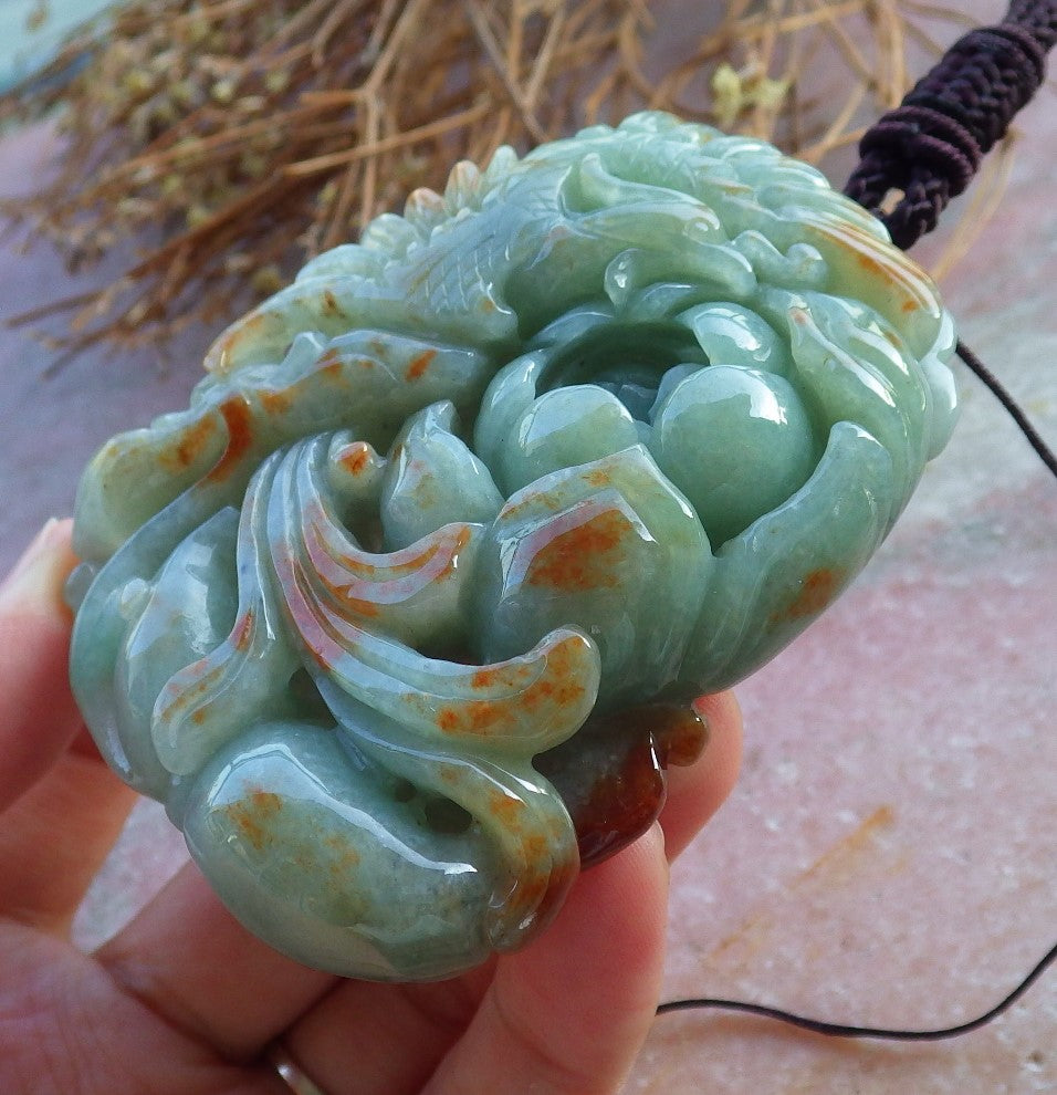 Certified Hand Carved Green Natural Burma A Jade jadeite Phoenix Flower Pendant Necklace