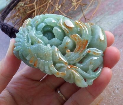 Certified Hand Carved Green Natural Burma A Jade jadeite Phoenix Flower Pendant Necklace