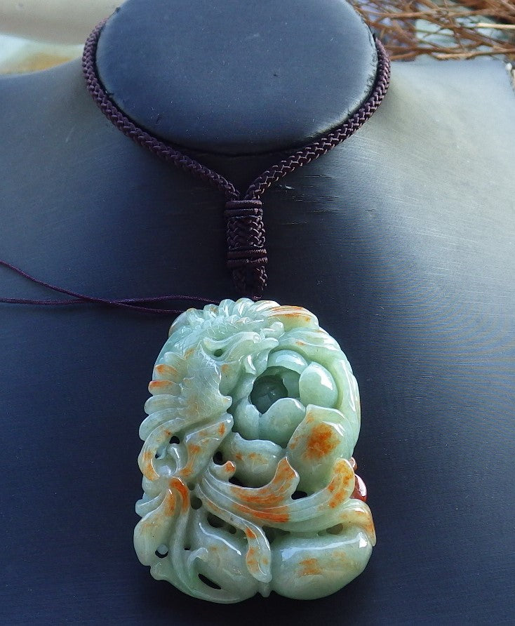 Certified Hand Carved Green Natural Burma A Jade jadeite Phoenix Flower Pendant Necklace