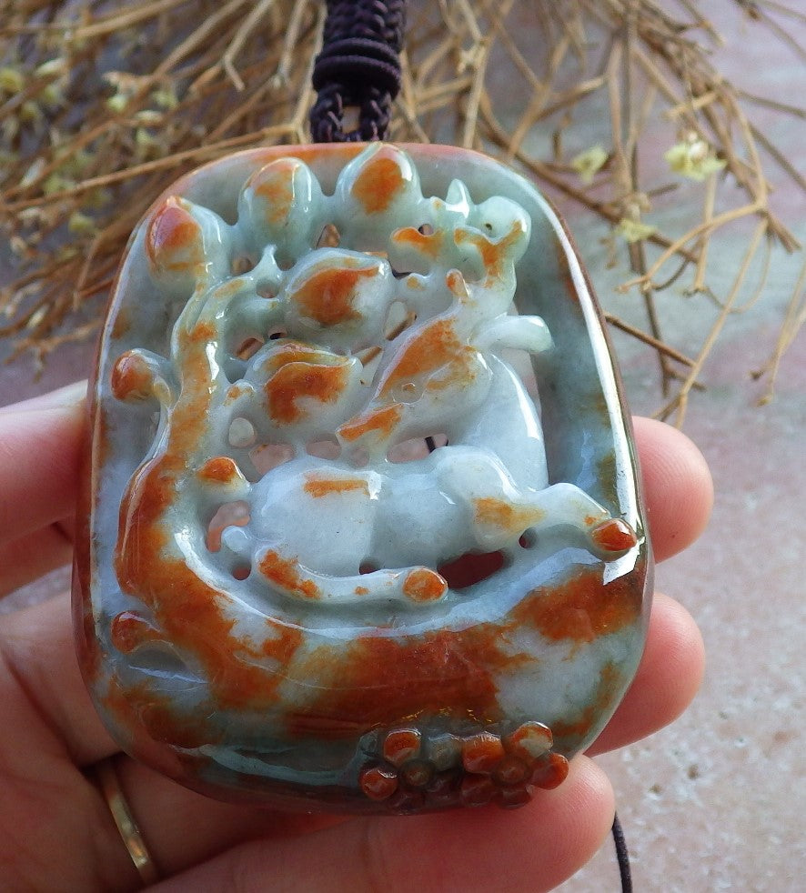 Certified Hand Carved Brown Red Green Natural Burma Grade A Jade jadeite Deer Flower Peach Pendant Necklace