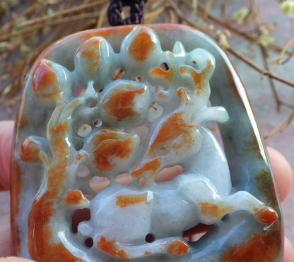 Certified Hand Carved Brown Red Green Natural Burma Grade A Jade jadeite Deer Flower Peach Pendant Necklace