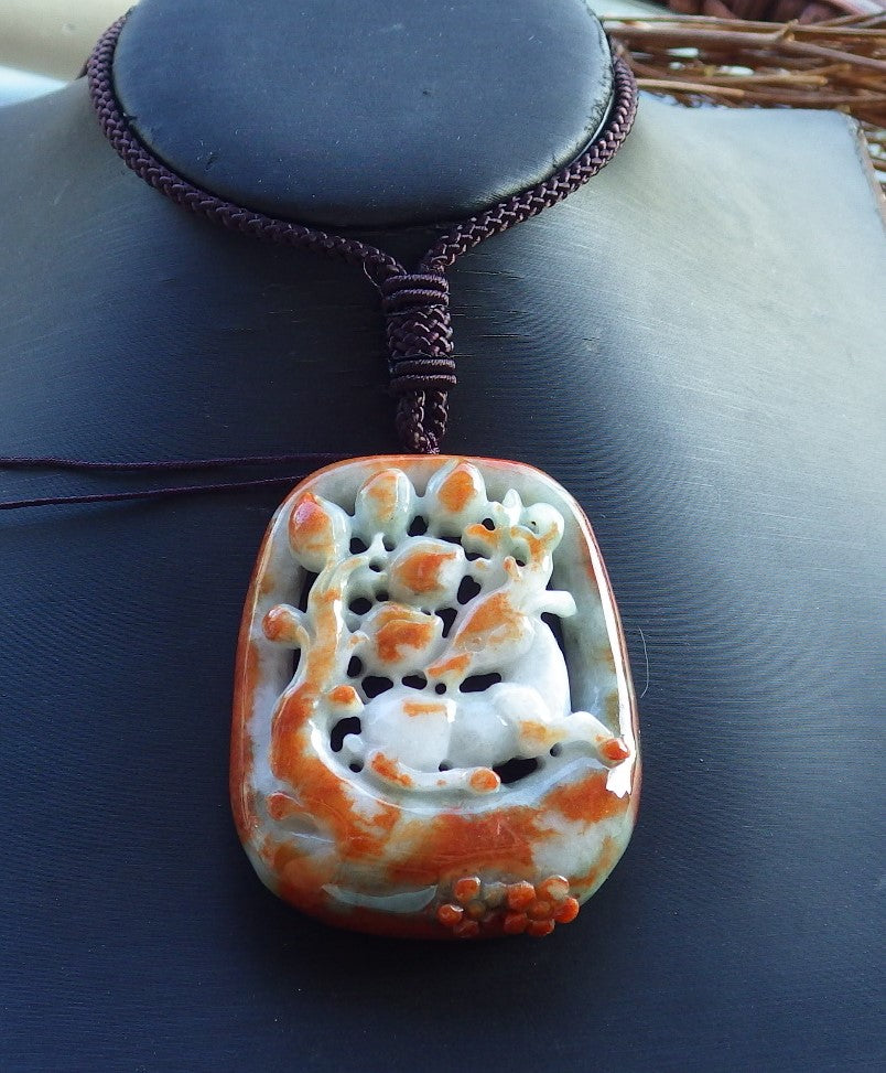 Certified Hand Carved Brown Red Green Natural Burma Grade A Jade jadeite Deer Flower Peach Pendant Necklace