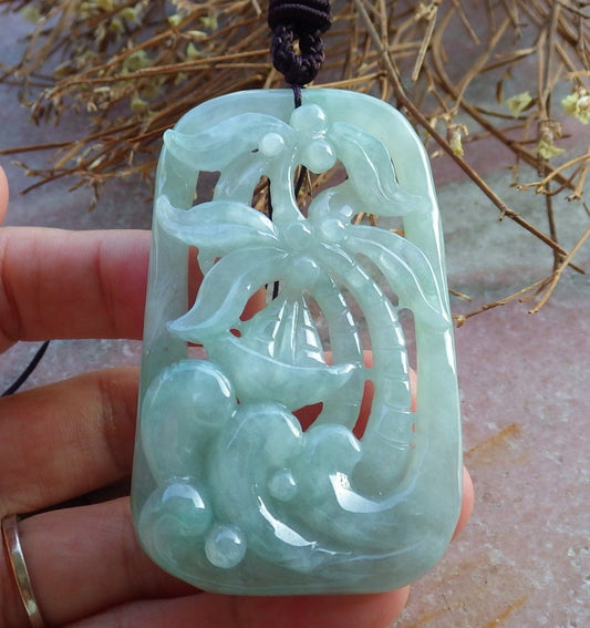 Certified Hand Carved Icy Green Natural A Jade Jadeite Lucky Sailboat Tree Ruyi Pendant Necklace